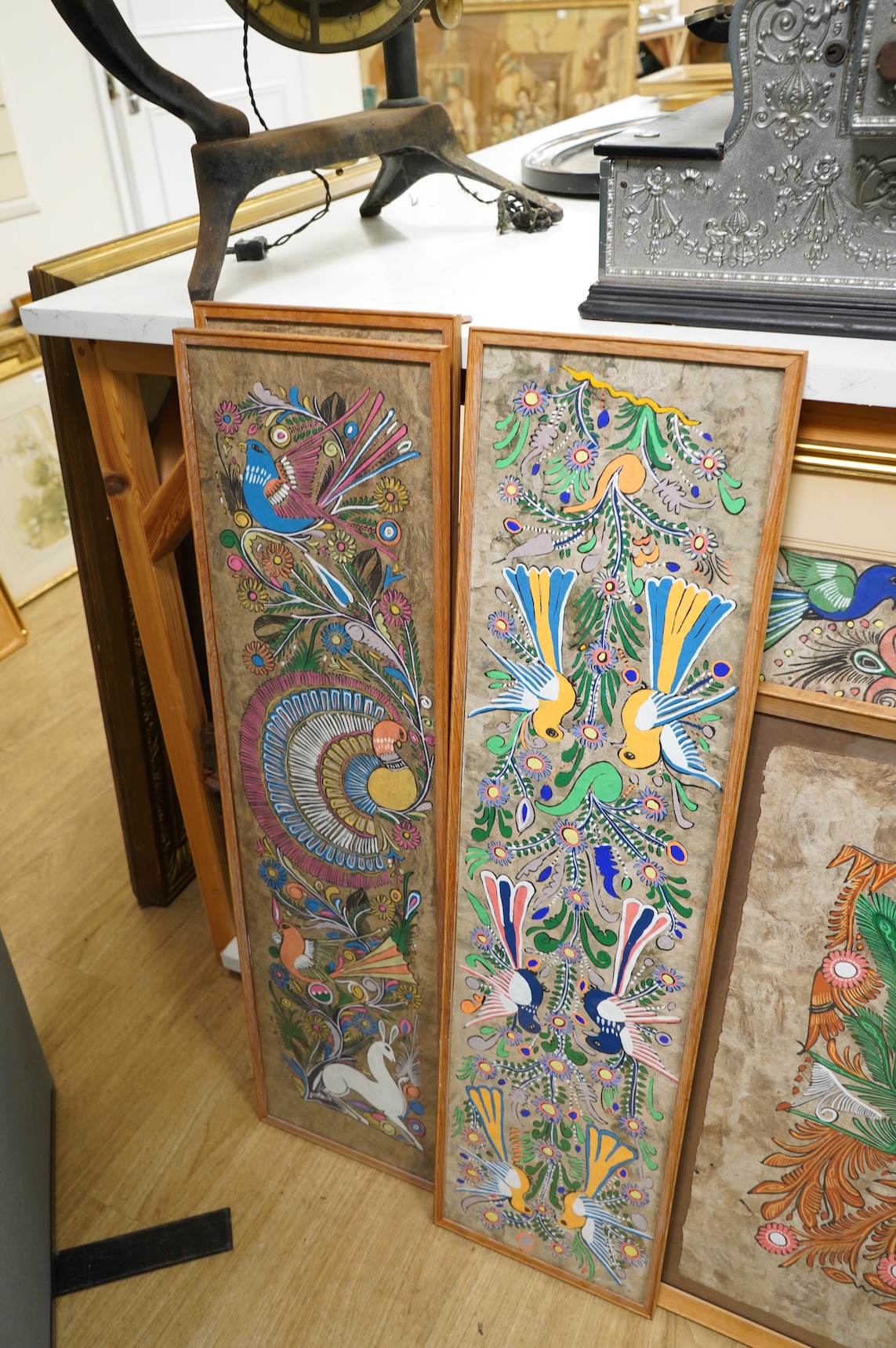 A collection of six Far Eastern decorative studies depicting exotic birds amongst flowers and blossom, gouaches, largest 70 x 49cm